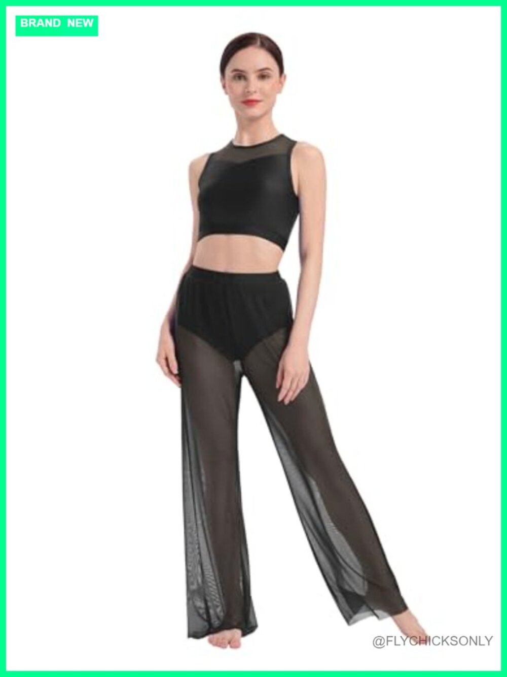 Women's Sleeveless Mesh Crop Top & Sheer Wide Leg Pants Set Lyrical Dance